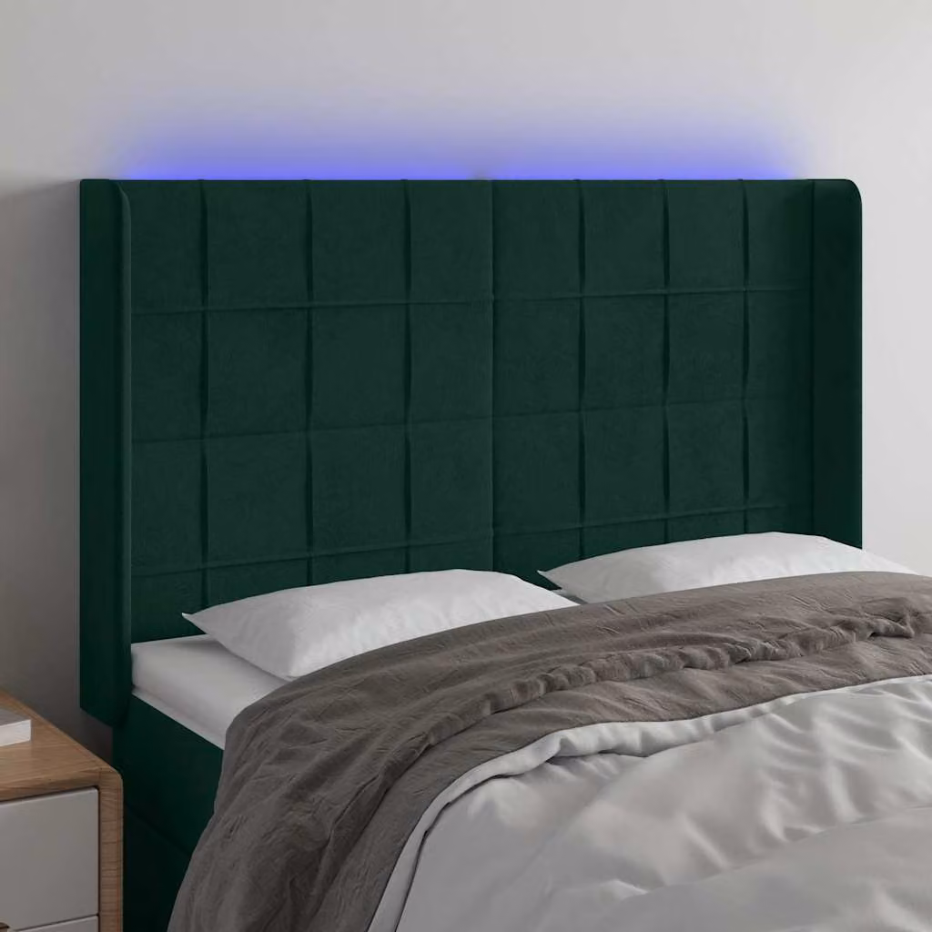 Testiera con LED vidaXL in Velluto Verde Scuro con Porte USB e Luci di Lettura, L: 147 cm, P: 16 cm, H: 118/128 cm
