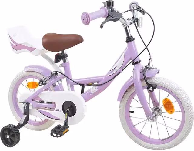 Bicicletta per bambini da 16 pollici viola con struttura in metallo e pneumatici in gomma