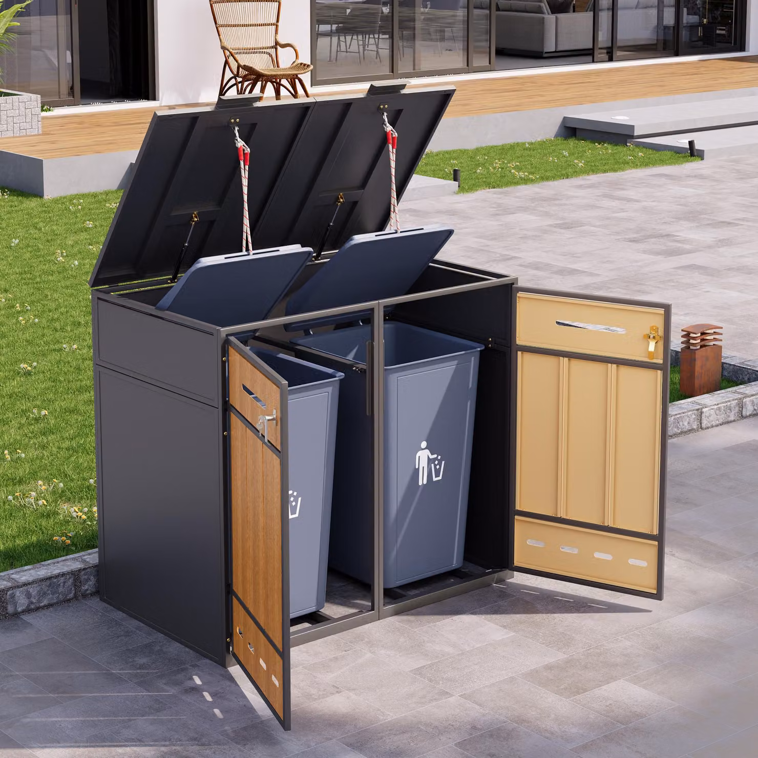MODFU Armadio per bidoni della spazzatura con separazione dei rifiuti - 2 scomparti con coperchio ribaltabile - Ante frontali con effetto legno Per terrazza e giardino - Grigio+Legno