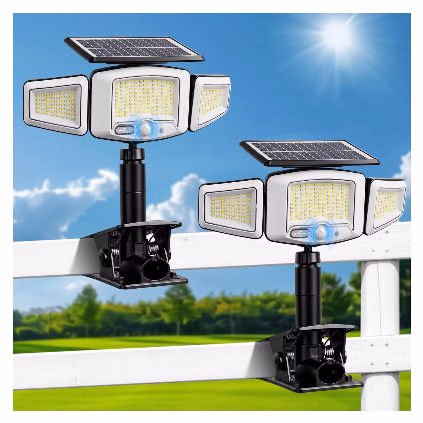 Lampada solare da esterno, 4000 lumen, 231 LED, da fissare, con sensore di movimento, confezione da 2 pezzi