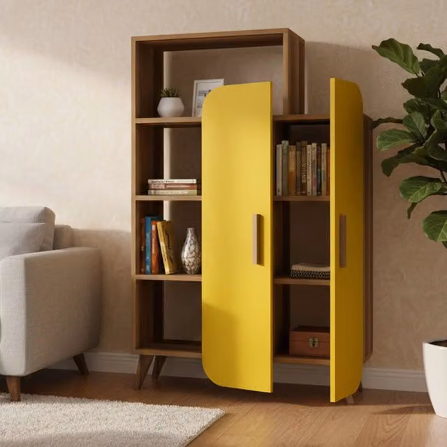 Libreria DMORA Agni con 5 Ripiani, Marrone Noce e Giallo, L: 90 cm, P: 32 cm, H: 132 cm – 1