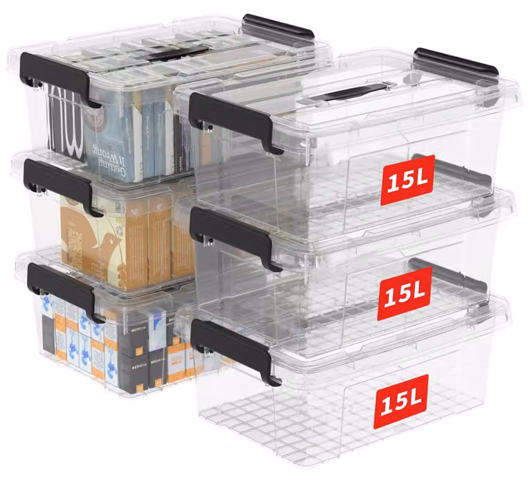 Set di 15 contenitori in plastica con coperchio e maniglie