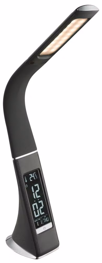 Lampada da tavolo a LED, grigia, touch dimmer, orologio, sveglia, flexo, H 50 cm