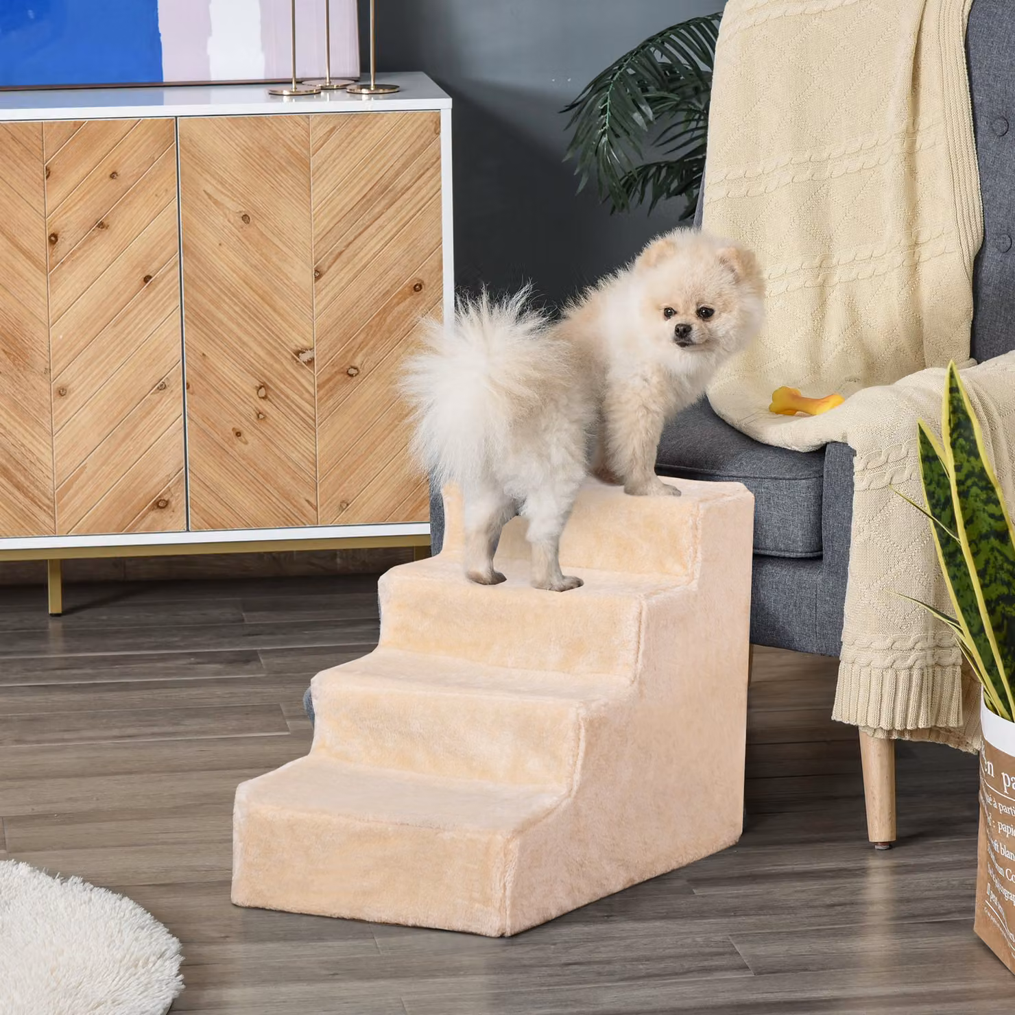 Scaletta per cani portatile PawHut a 4 gradini in flanella beige con rivestimento sfoderabile, L 60 x P 35 x H 44 cm – 2