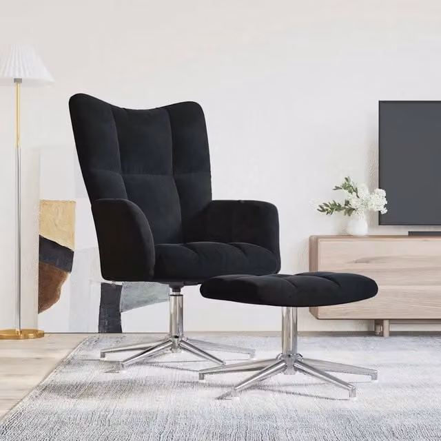 Poltrona Relax con Poggiapiedi Nero in Velluto con Struttura Girevole a 360 Gradi e Braccioli