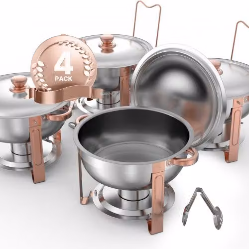 Scaldavivande per Buffet VEVOR con 4 Padelle Full Size e Coperchio, Colore Oro, in Acciaio Inox, Ideale per Catering e Feste