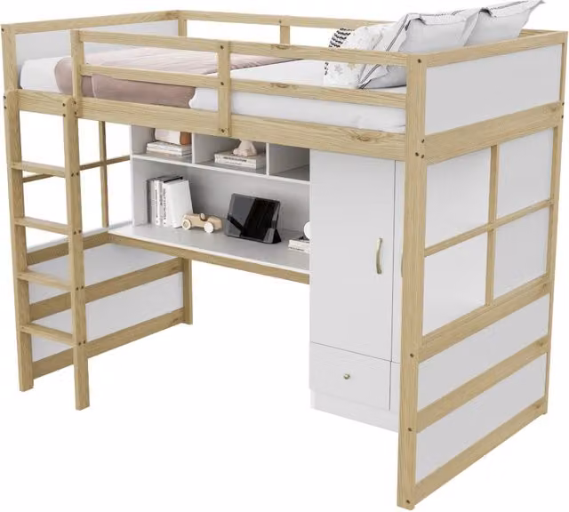 Letto a soppalco singolo REDOM in legno massiccio con scrivania, armadio e cassetti, L/P/H: 204.5 x 90 x 174 cm – 1