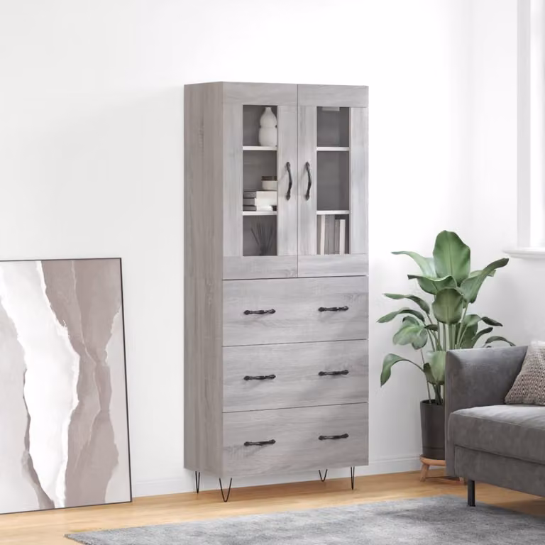 Credenza stile industrial vidaXL in legno e vetro con ante in vetro, Grigio, L: 69,5 cm, P: 34 cm, H: 180 cm