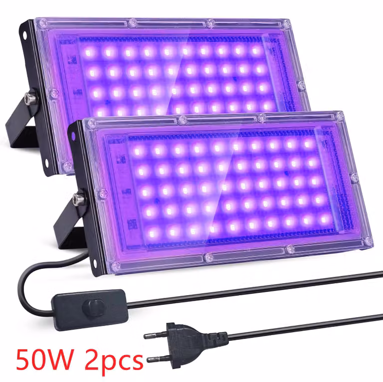 Lampada UV a luce nera - 50 W - Set da 2 - Lunghezza d'onda 395-400 nm - Per uso esterno - Illuminazione per feste e palcoscenici - Spina di tipo EU