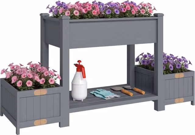 Fioriera rialzata XYLO in legno di abete con 2 vasi laterali e ripiano, Grigio, L: 149 cm, P: 46 cm, H: 76 cm