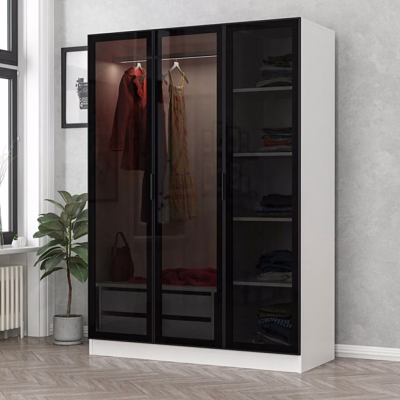 Skye Decor, Kale White Black - 2274, armadio, bianco, 100% pannelli truciolari rivestiti in melamina, 135 x 52 x 210 cm