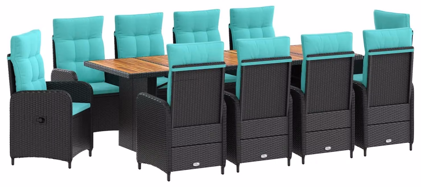 Set da tavolo da esterno, 11 pezzi, in rattan sintetico nero e turchese
