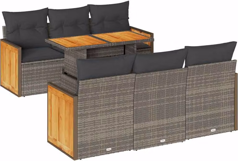 Set Divani da Giardino 7pz con Cuscini Grigio Polyrattan Acacia