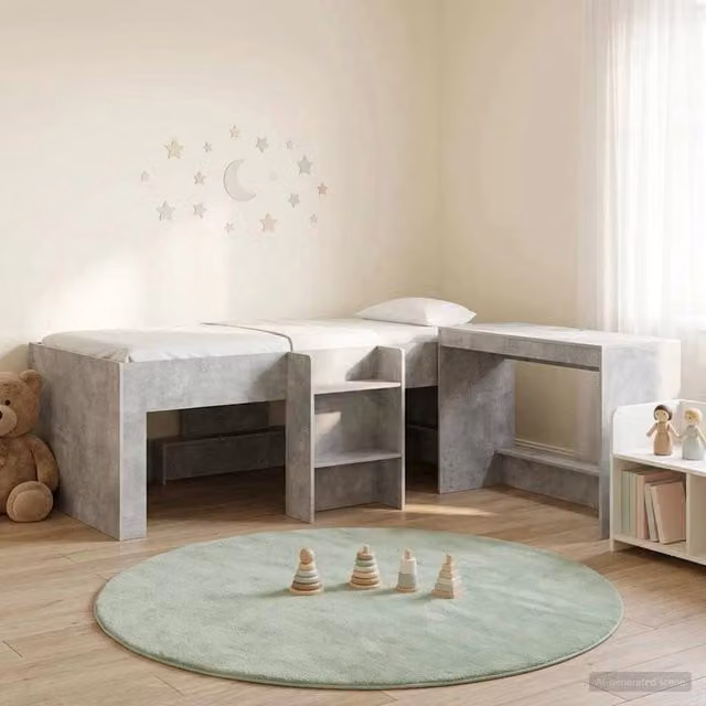 Letto alto per bambini con scrivania 2 pz Grigio Cemento 3423473