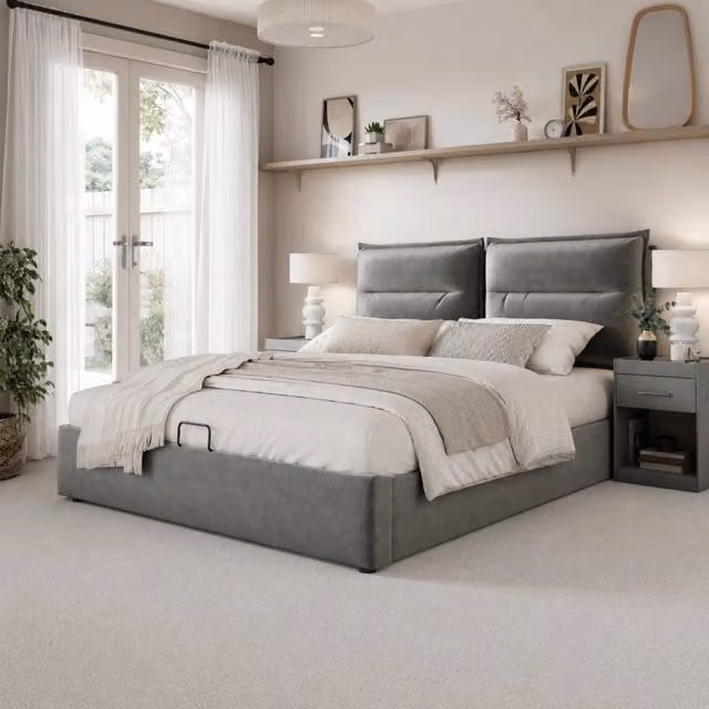 Letto Contenitore REDOM in Velluto Grigio con Testiera Regolabile L/P/H: 140 x 200 x 151 cm