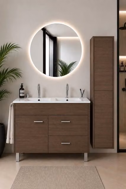 Mobile bagno con lavabo ORIGENBATH SAMOS senza specchio 120x45 cm doppio lavabo frassino tea con colonna