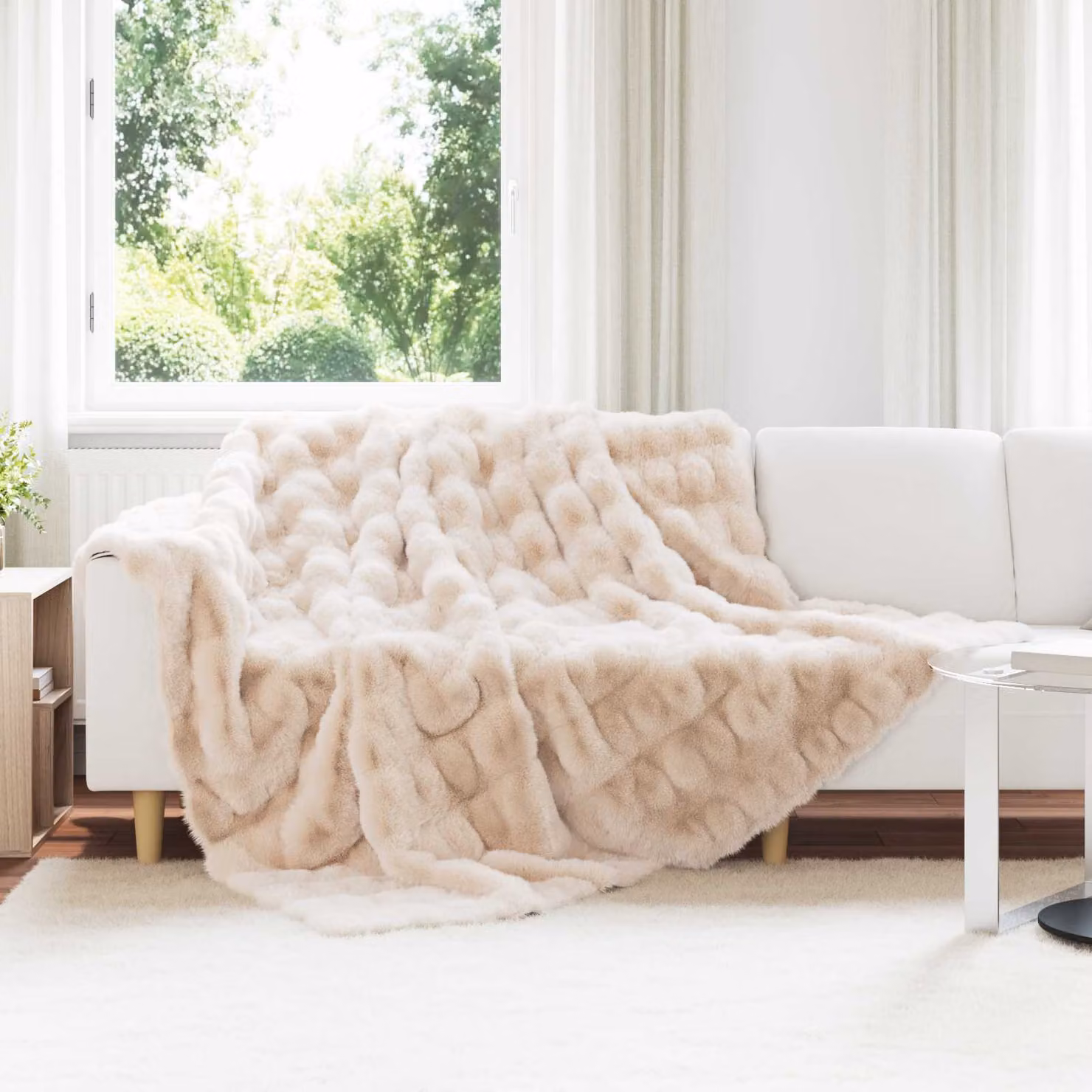 Coperta antiscivolo vidaXL in ecopelliccia di coniglio beige L 240 cm x P 220 cm