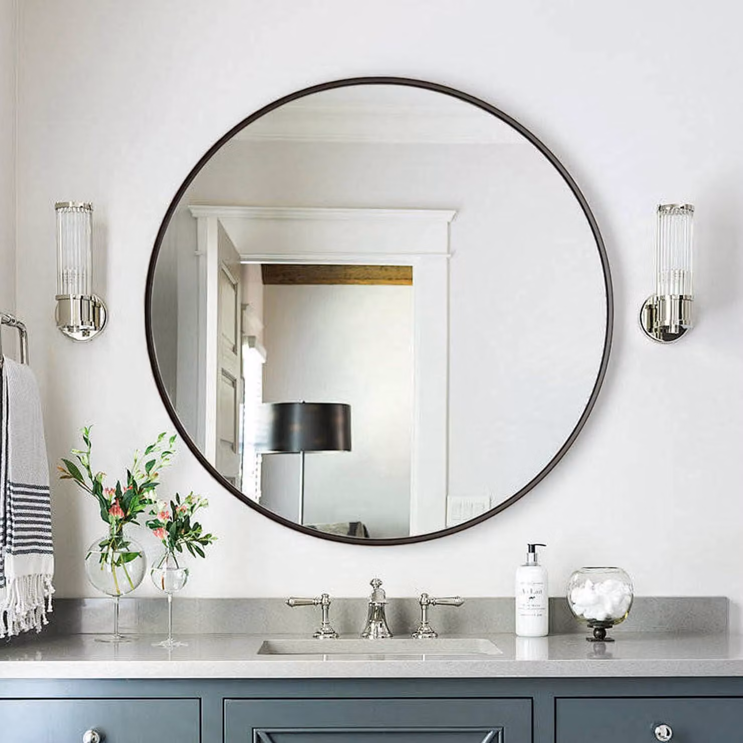 Specchio da parete rotondo, diametro 60 cm, nero – Specchio da bagno con cornice in alluminio