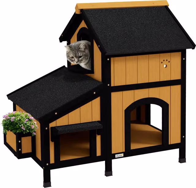 Casa per gatti PawHut in legno di abete con fioriera, Giallo, L: 96 cm, P: 65 cm, H: 85,5 cm – 1