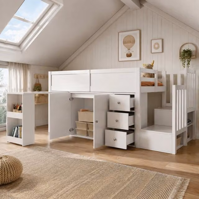 Letto a soppalco MIVRAY bianco con scrivania estraibile, armadio, cassetti e scala con contenitore in MDF, L/P: 90 x 200 cm