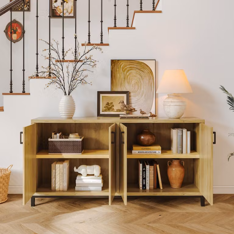 Credenza vintage ProximaX in stile rustico con 4 ante e ampio spazio contenitivo per la cucina o la sala da pranzo, effetto legno massello, naturale