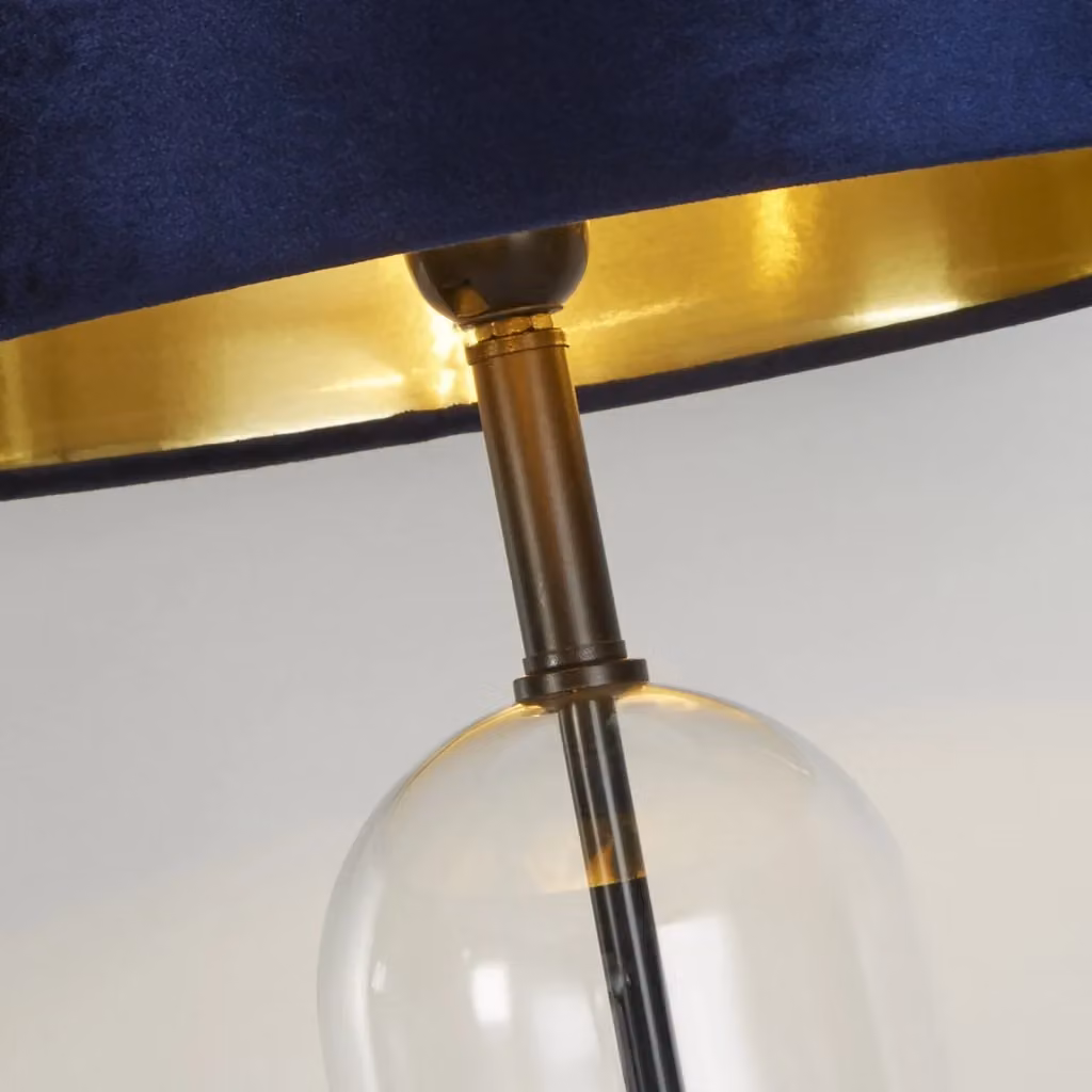 Lampada da scrivania Searchlight in metallo e vetro con paralume in tessuto blu e finiture oro ottone, attacco E27 – 2