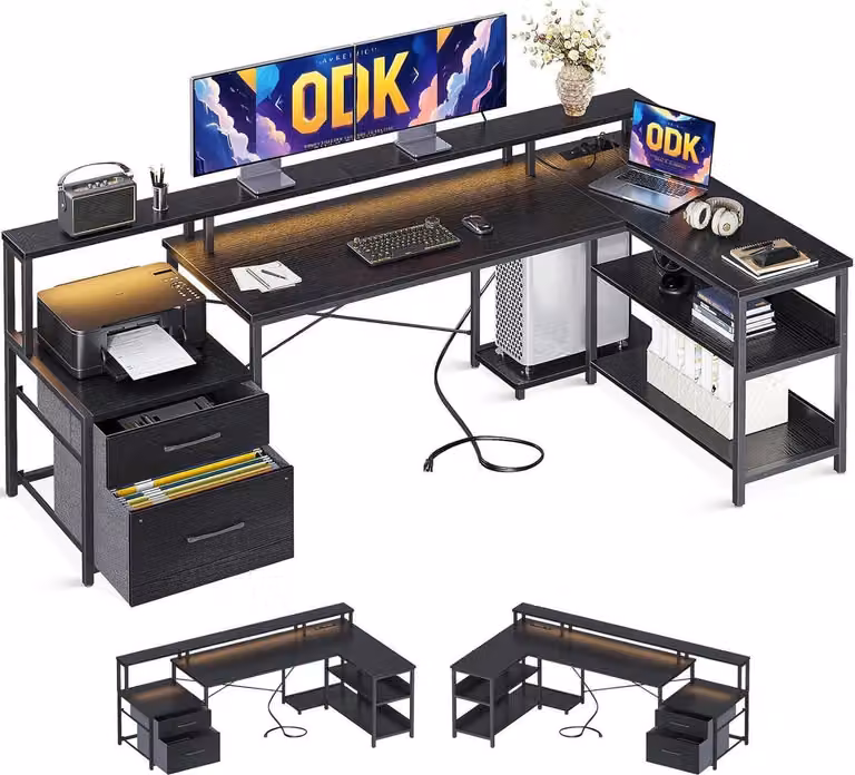 ODK LED Scrivania angolare a L con cassetti nero 189x100cm