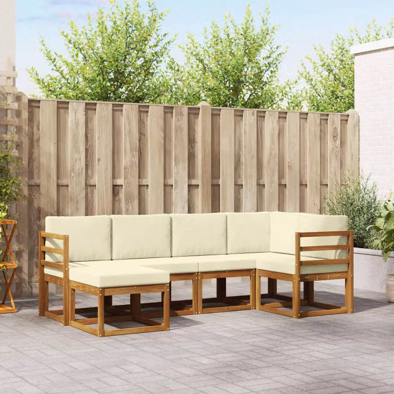 Set di divani da esterno vidaXL in legno di acacia con cuscini, composizione a L con 6 pezzi, colori beige, bianco e marrone