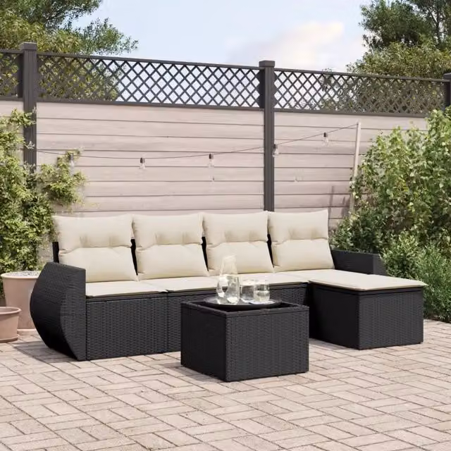Set Divano da Giardino 6 pz con Cuscini-Sofa da Giardino-Divanetto da esterno Nero in Polyrattan 290203