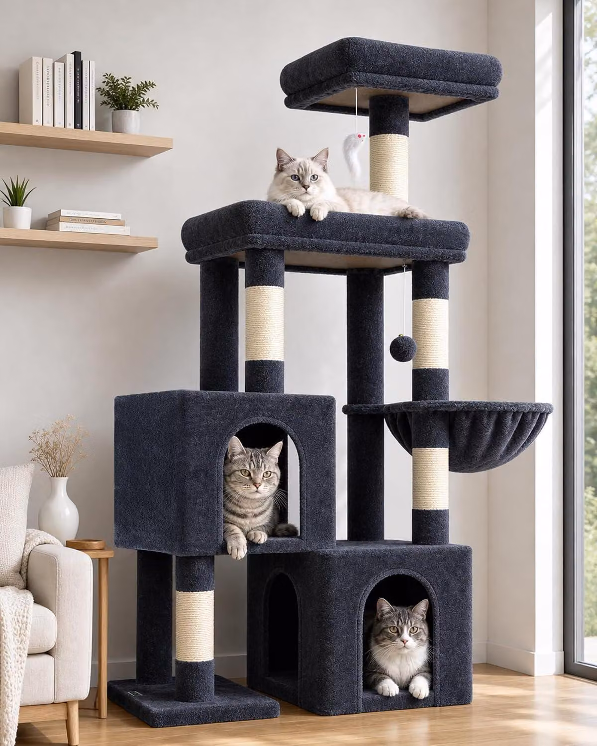 Albero per gatti con 2 casette, una grande piattaforma imbottita, un trespolo e giochi, alto 134 cm, adatto ai gatti