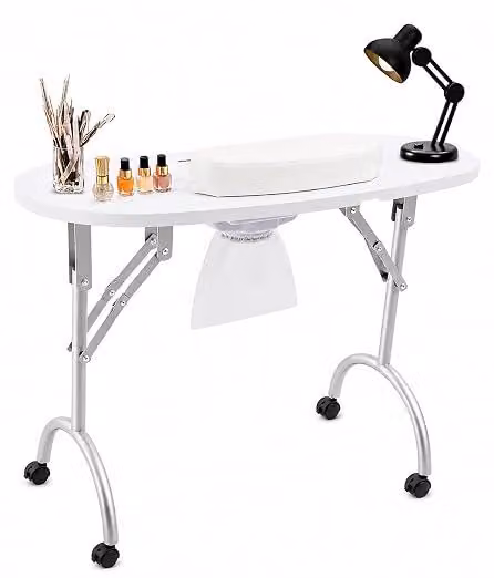 Tavolo da manicure con aspirazione integrata. Tavolo mobile con rotelle (bianco). Design pieghevole. Portata d'aria di 100 CFM. Include sacchetto aspirapolvere, supporto per il polso e borsa per il trasporto. Ideale per saloni di bellezza e centri estetic