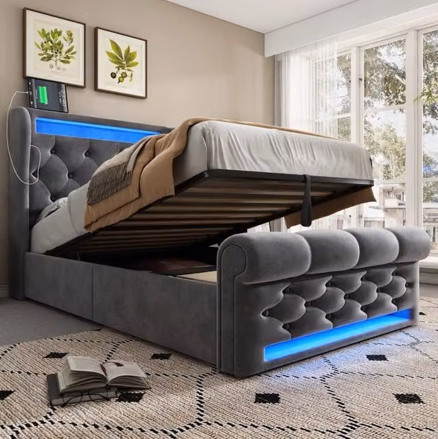 Letto imbottito 90x200 cm grigio con materasso, LED, USB-C e vano contenitore