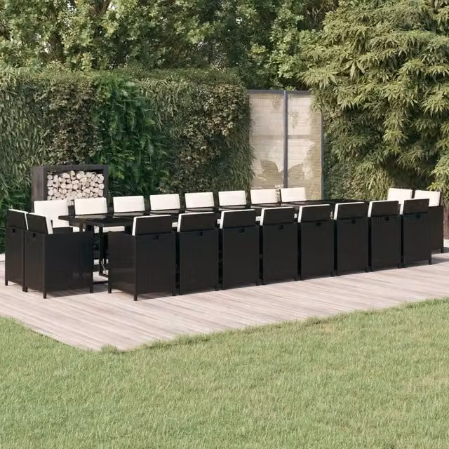 Set da pranzo da giardino vidaXL in polyrattan nero e bianco con tavolo in vetro e 21 pezzi