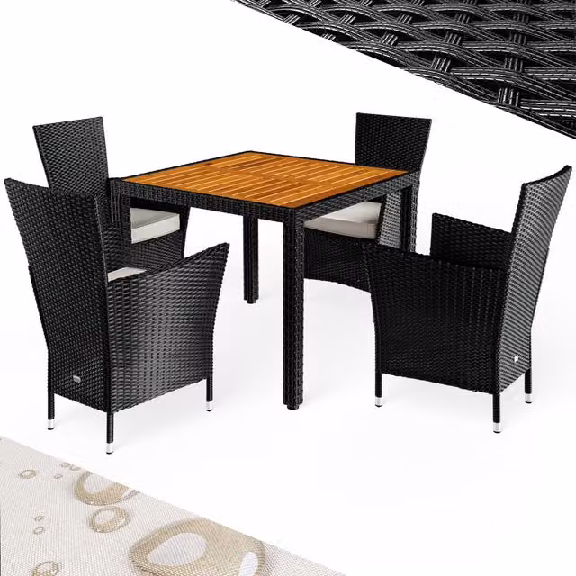 Set da giardino Casaria Corfu in polyrattan e legno di acacia, 5 pezzi, nero e beige – 1