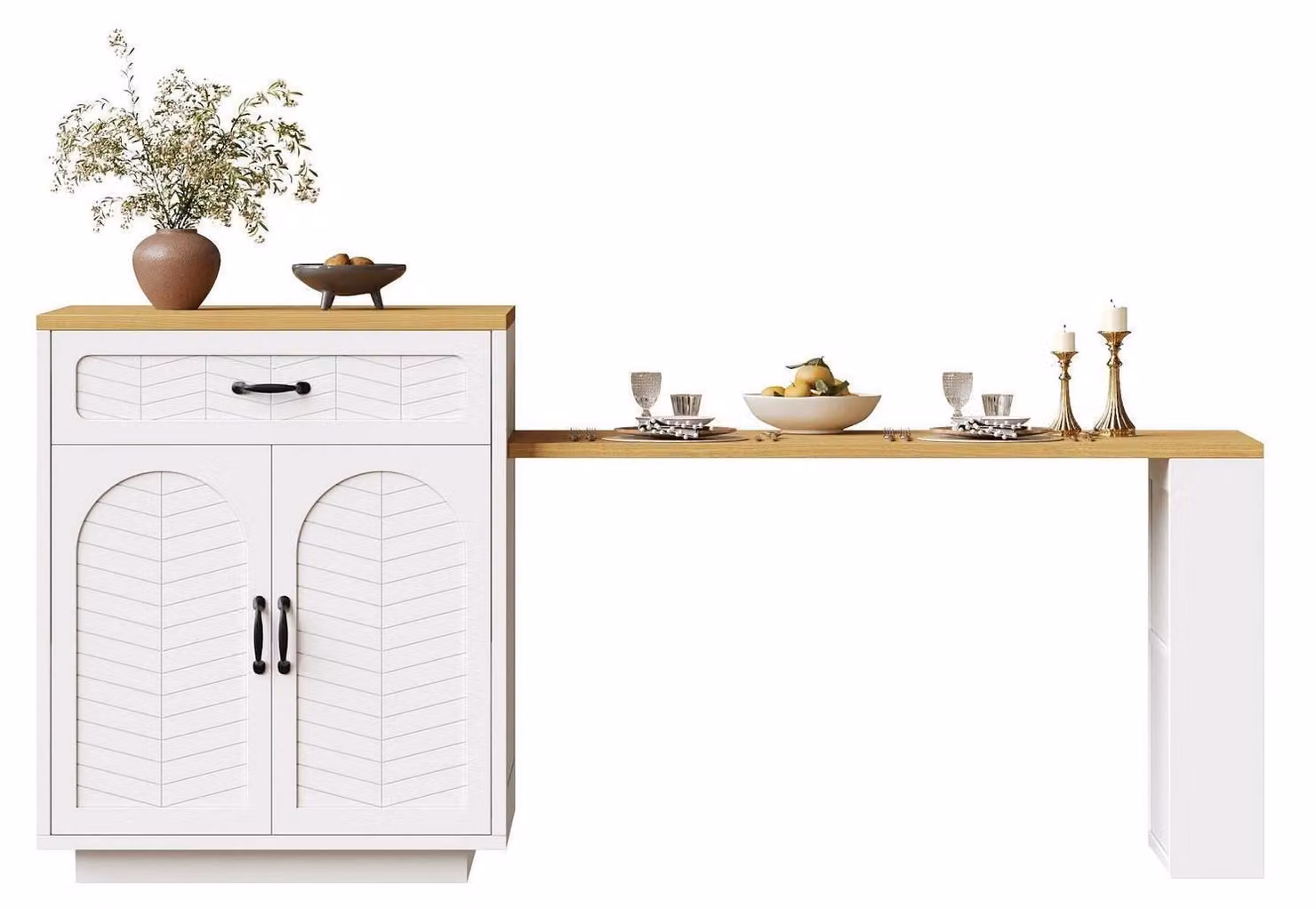 Isola da cucina con piano estendibile, 2 cassetti, 4 ante, colore bianco e legno