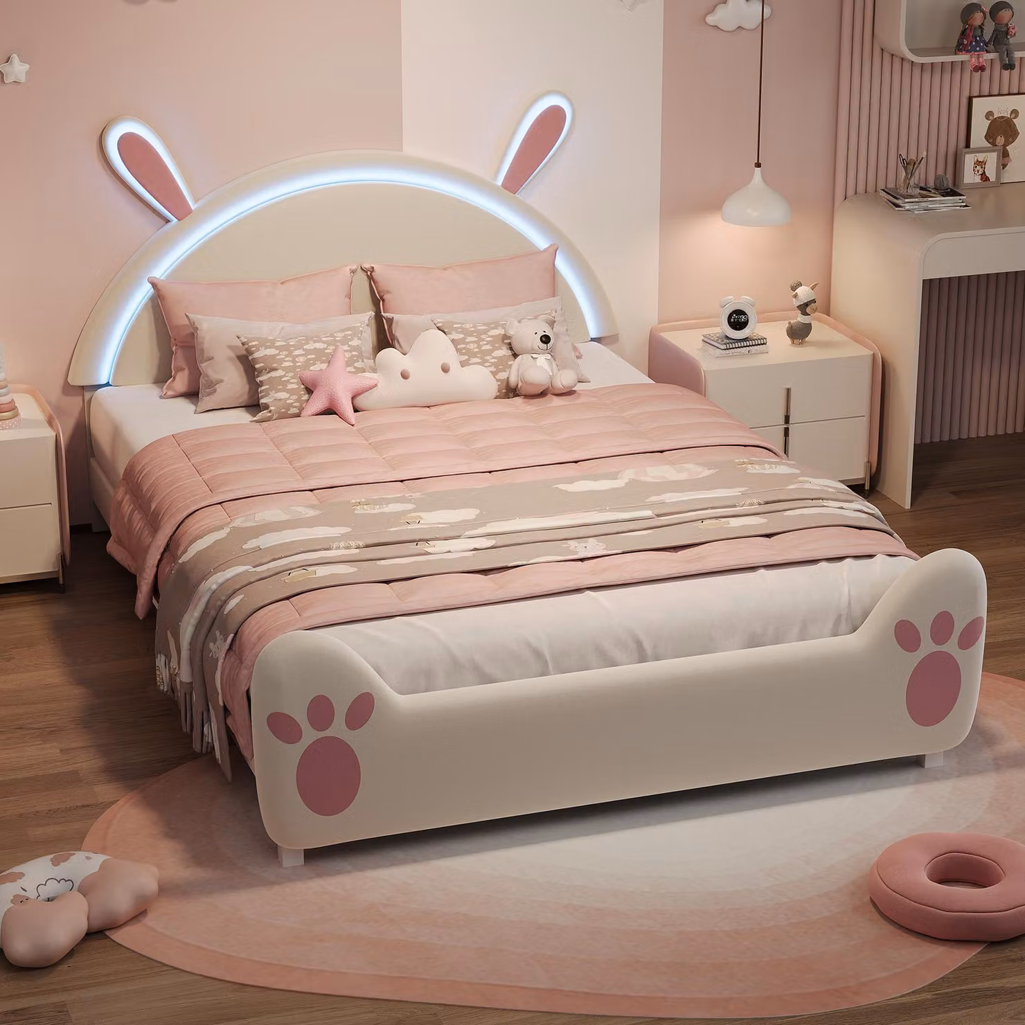 UnboxG Lettino 140x200 cm con motivo coniglietto, luce di lettura a LED sulla testiera, letto morbido con cartoni animati per cameretta, letto matrimoniale