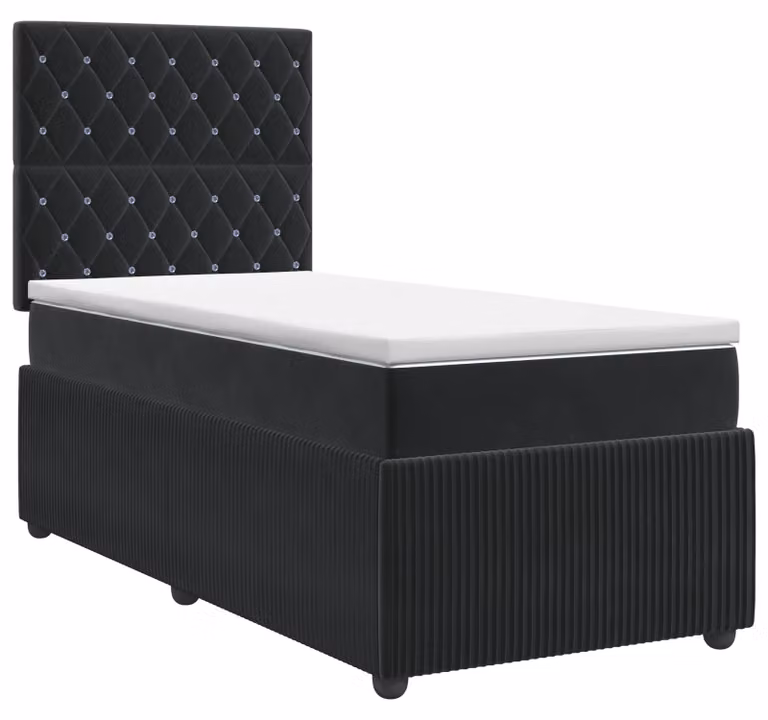 Letto con rete a molle e materasso, colore nero, dimensioni 90 x 190 cm, rivestito in velluto