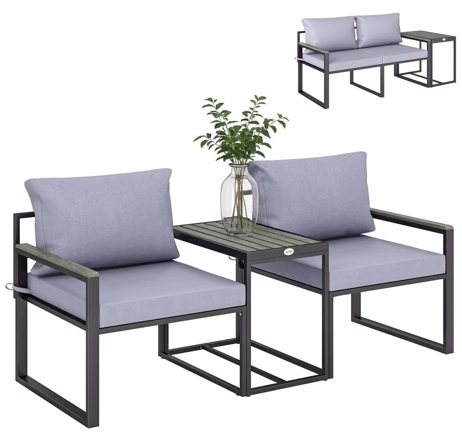 Set di mobili da balcone - Set da giardino composto da 3 pezzi - 2 poltrone - 1 tavolo - Cuscini per seduta e schienale - Struttura in metallo - Rivestimento in polvere - Grigio scuro