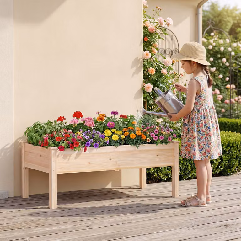 Set di 2 letti da giardino rialzati Costway in legno beige per orto, fiori ed erbe aromatiche