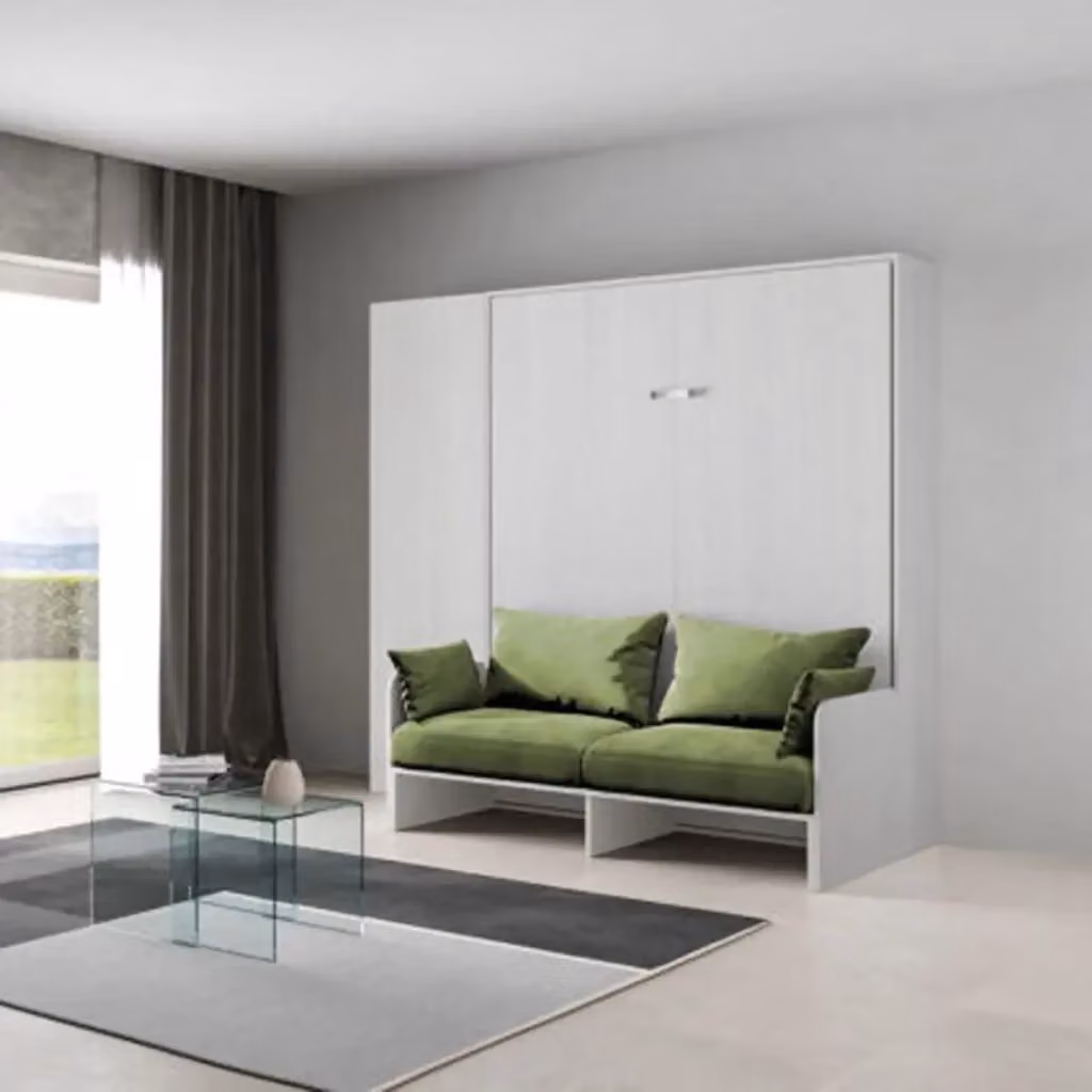 Letto matrimoniale a scomparsa Kentaro Itamoby con divano e colonna, Bianco frassino e Verde, L/P: 160 x 190 cm – 2