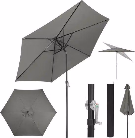 Ombrello grande - larghezza 300 cm - resistente ai raggi UV - impermeabile - con asta da viaggio in metallo - inclinabile a 45° - grigio - con maniglia per il trasporto