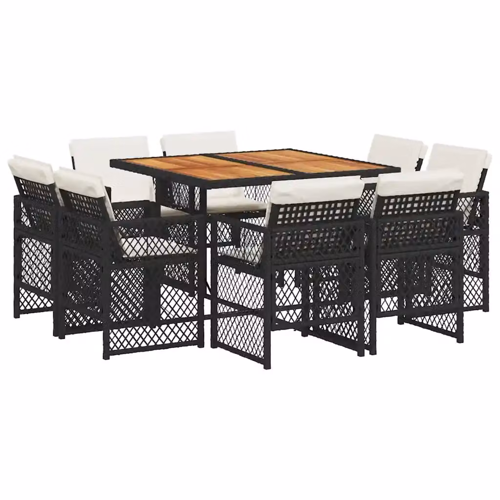 vidaXL Set da Pranzo da Giardino 9 pz in Polyrattan e Legno di Acacia con Cuscini Nero, Marrone e Bianco – 2