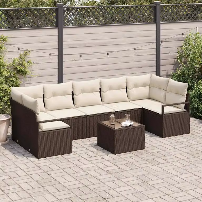 Set Divano da Giardino vidaXL 8 Pezzi a Forma di L con Tavolino, Marrone e Beige