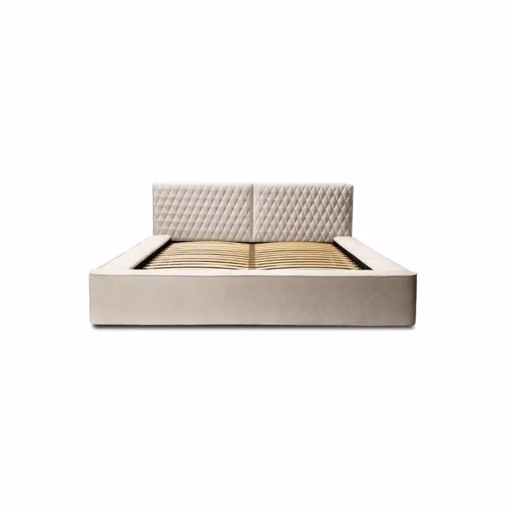 Letto contenitore VERNON Meublorama in tessuto bouclé color sabbia rosa con rete sollevabile L/P: 180 x 200 cm – 2