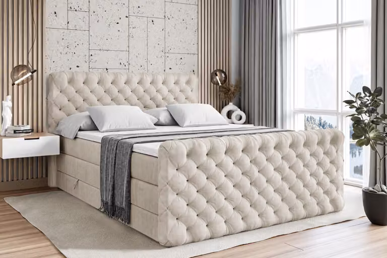 Letto boxspring ALTDECOR con pediera, 2 materassi e topper - 140x200 cm - BOXI8-Z KING - Velluto color taupe - Letto imbottito con materassi H3 e H4, contenitore e rete a doghe, letto con spazio contenitivo