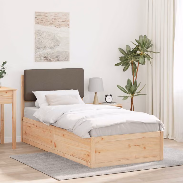 Letto moderno vidaXL in pino massello con testiera rivestita in tessuto beige o grigio L/P/H: 190 x 80 x 93 cm