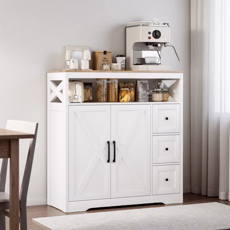 UnboxG Mobile da cucina / Credenza Bianco 100×40×105 cm con 3 cassetti e 2 ante, spazio contenitivo per sala da pranzo