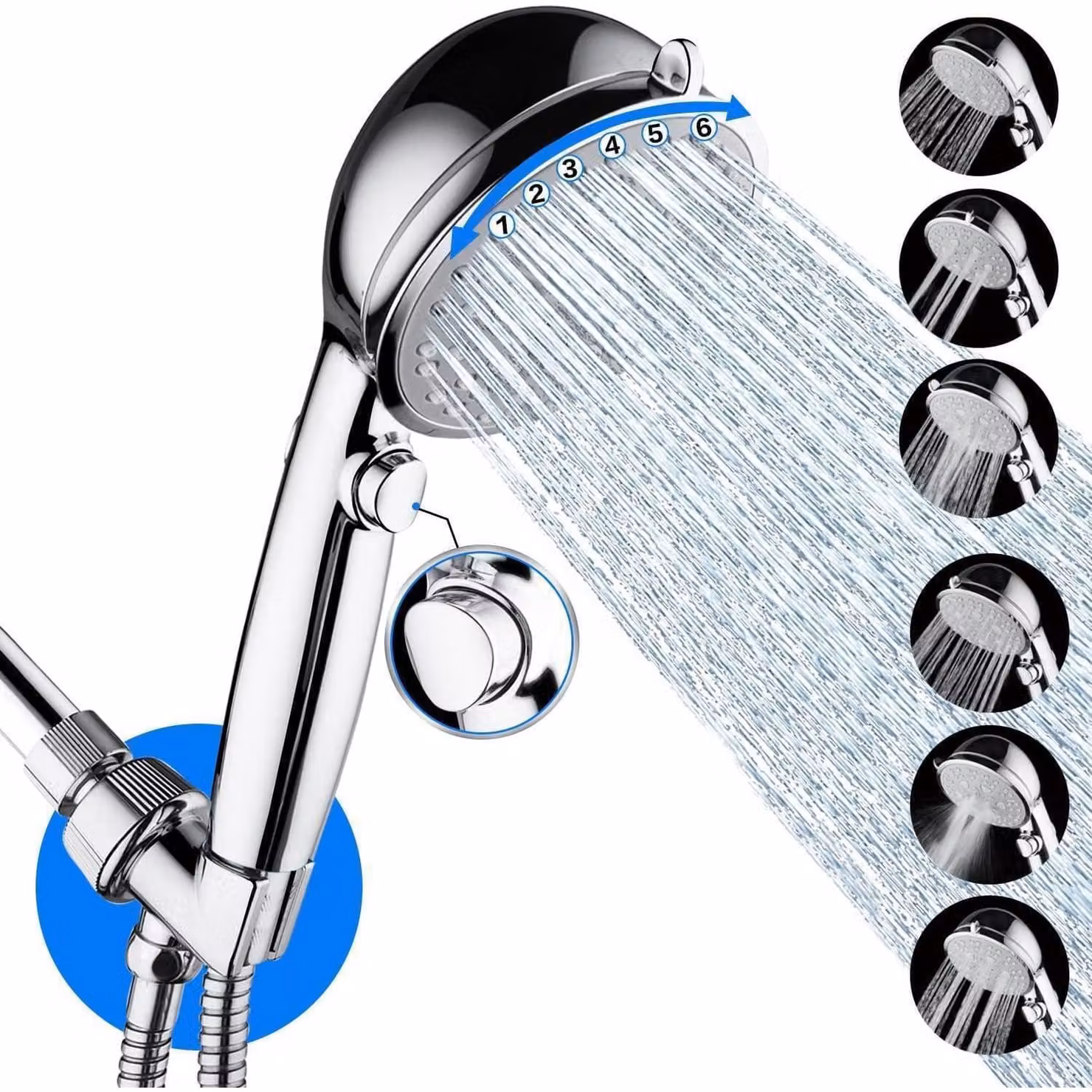 Doccia a mano con 6+1 getti, finitura argento, dotata di pulsante on/off