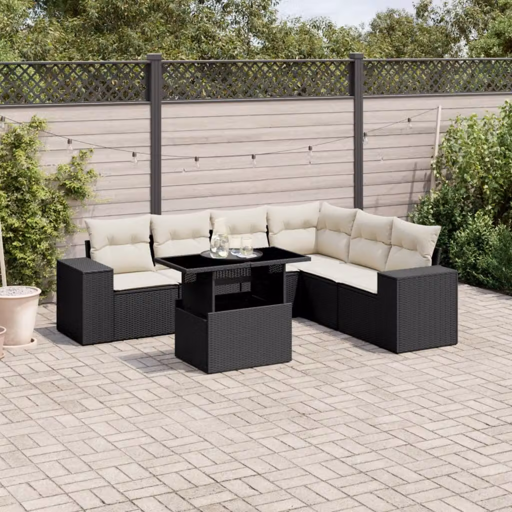 Set di divani da giardino vidaXL a forma di L con cuscini e tavolino, 7 pezzi, Polyrattan e metallo, Nero e Bianco – 1