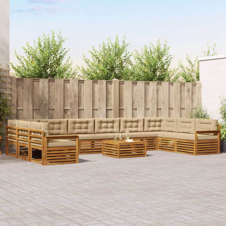 Set di divani da giardino vidaXL in legno di acacia massello con cuscini, forma a L, colore beige e marrone